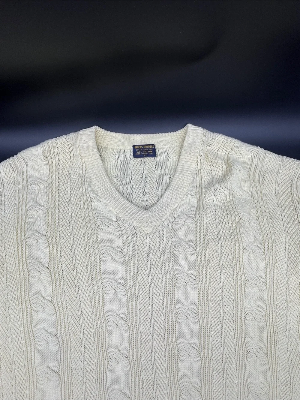 Brooks Brothers Vintage Cream V-Neck Cable Knit Sweater